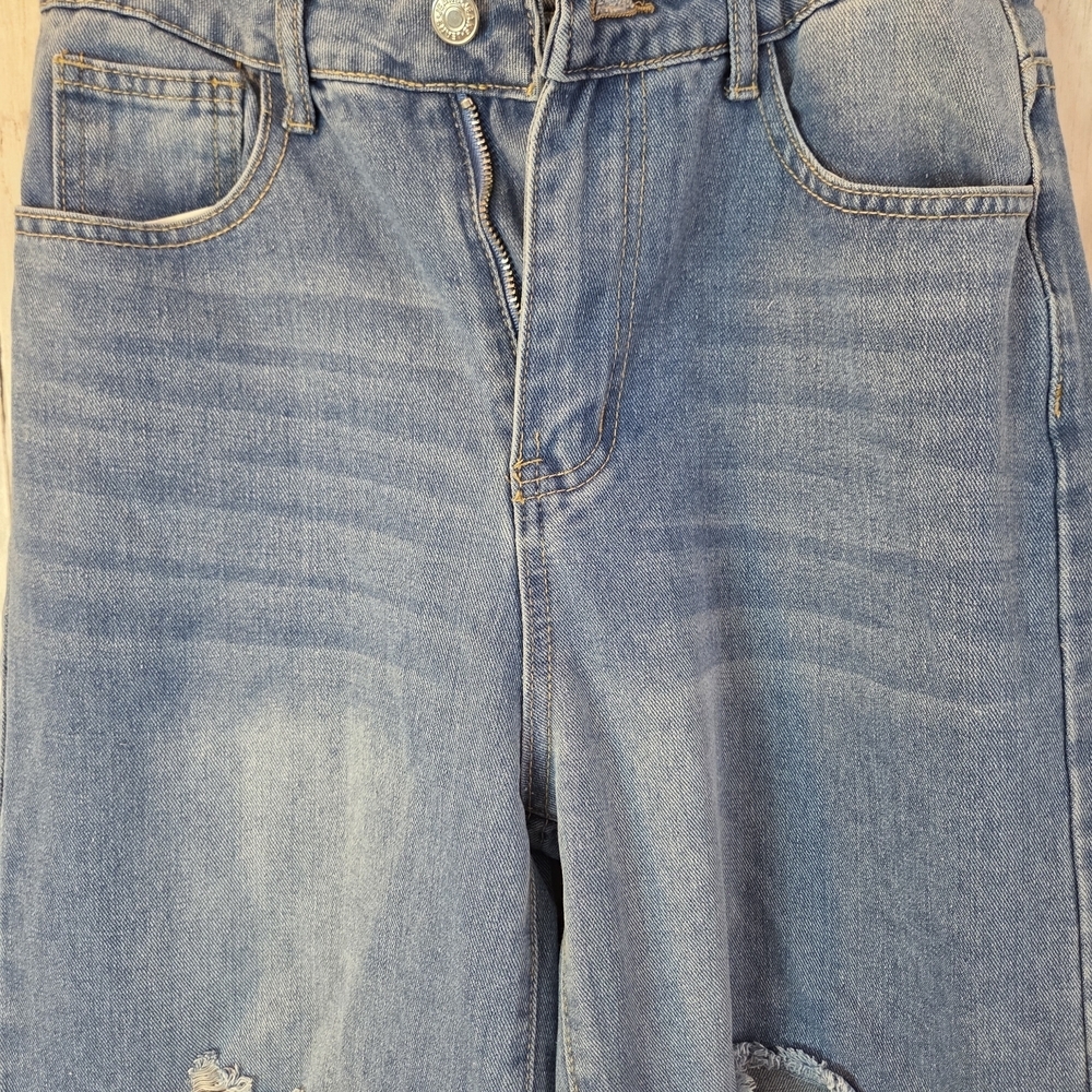 Wide Leg Women's Distressed Blue Jeans - Picture 3 of 4